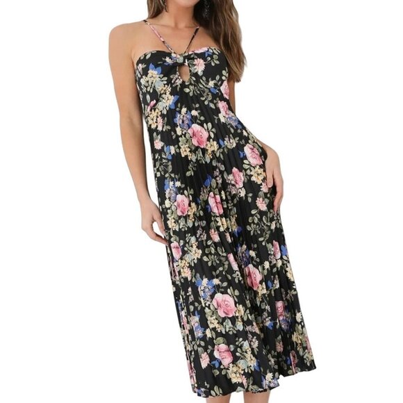 Lulus NWT Radiant Drama Black Floral Print Pleated Halter Midi Dress Size S - Picture 1 of 11